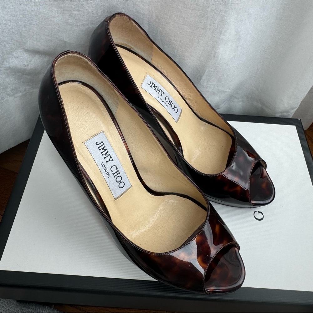Jimmy Choo Tortoiseshell Patent Leather Peep Toe Heels